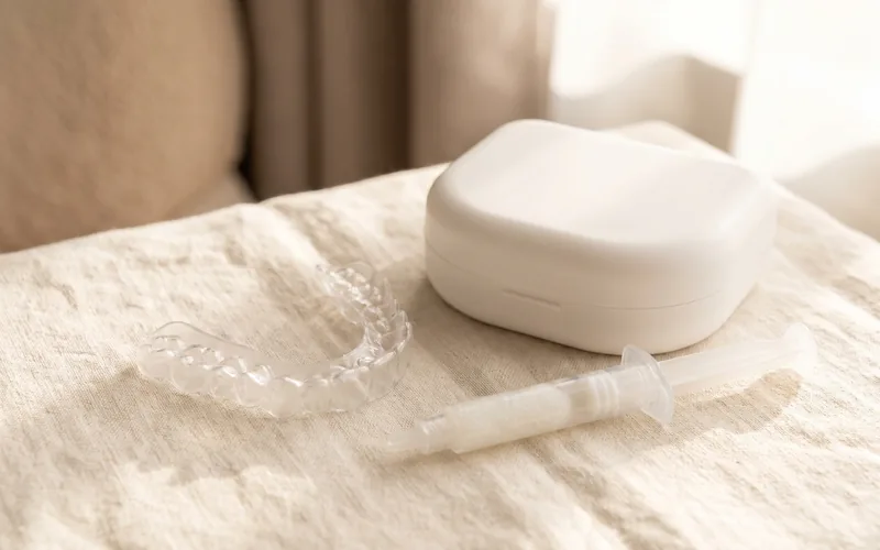 Illustration : une gouttière d'éclaircissement, sa boîte et le gel