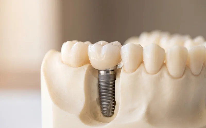 Illustration : un implant et sa couronne sur un modèle de mâchoire