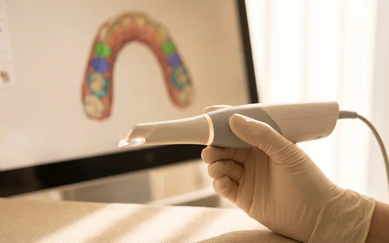 Illustration : la caméra d'empreinte numérique et le modèle 3D des dents à l'écran