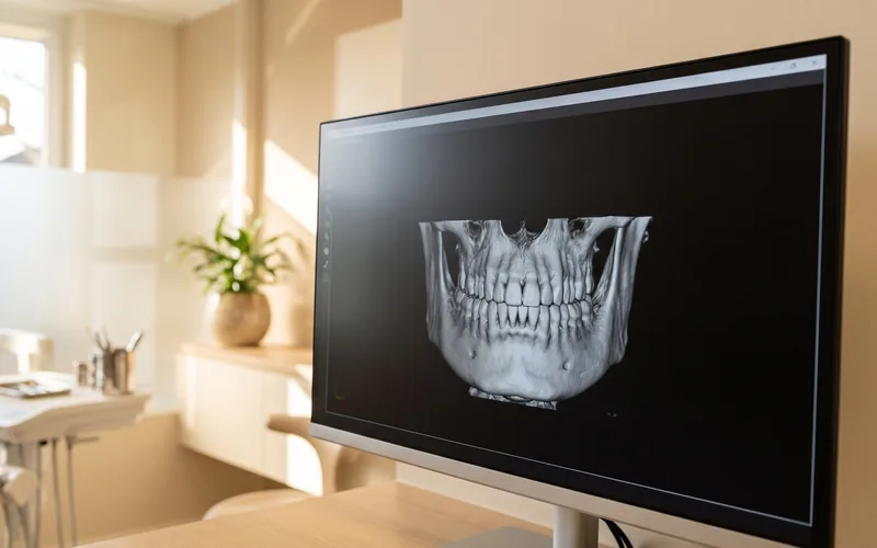 Illustration : une radio en 3D des mâchoires affichée à l'écran