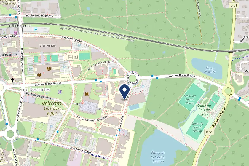 Plan du quartier : le cabinet est 4 rue Galilée à Champs-sur-Marne. Un clic ouvre l'itinéraire.